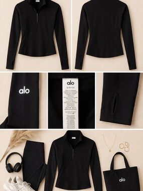 Alo Yoga Black Half Zip Long Sleeve Top | Thumbholes | Size Small